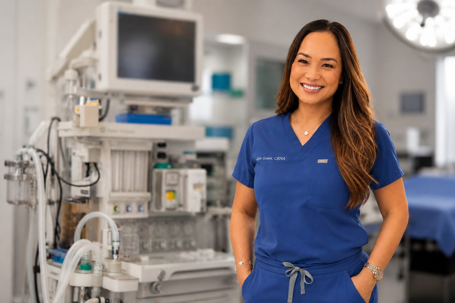 A confident CRNA standing in a modern ASC and outpatient surgery center environment