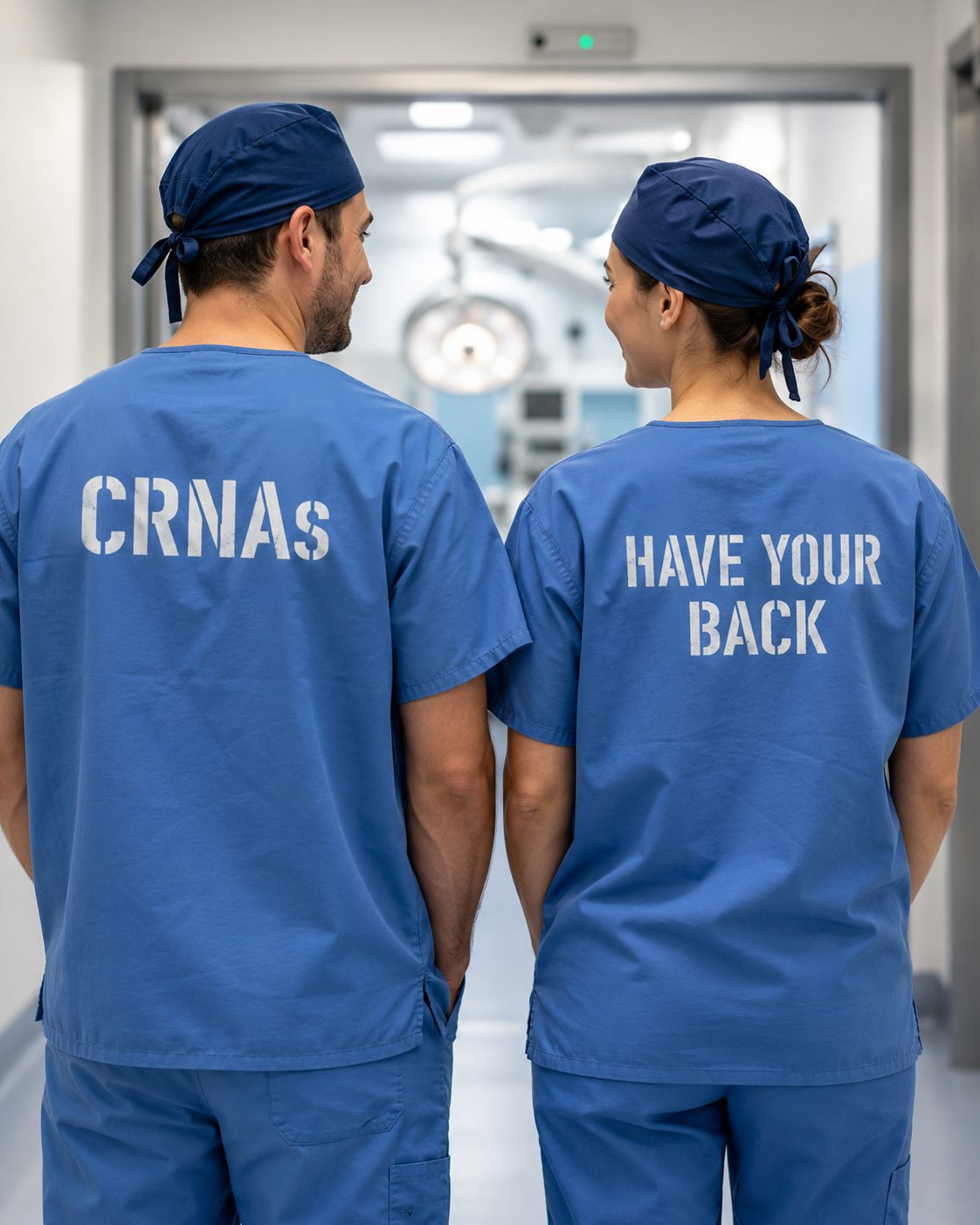 Two Green Anesthesia CRNAs facing each other, scrubs reading "CRNAs Have Your Back"