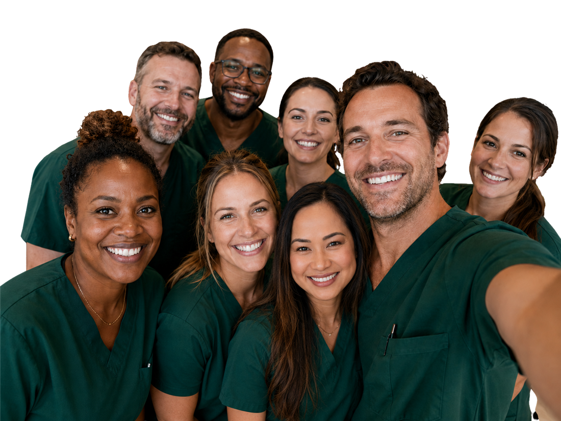 A group of Green Anesthesia CRNAs and anesthesiologists smiling together as a team